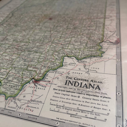 Antique 1897 The Century Atlas Map of Indiana USA Color Engraved 12.5 x 17” FL5