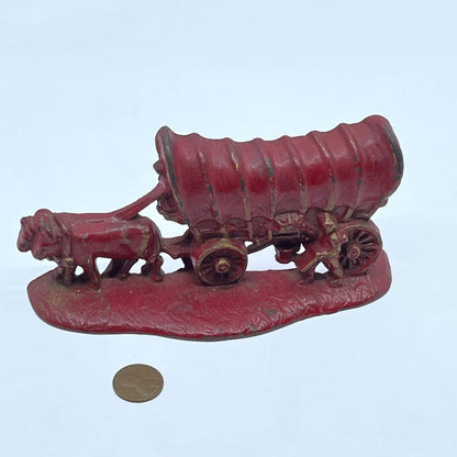 Vtg Red Cast Iron Bookend 1981 Champion Hardware Co Ox Drawn Covered Wagon TC8