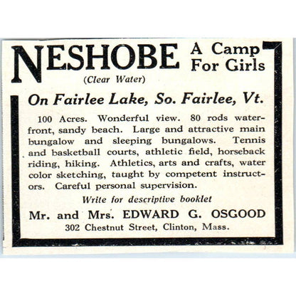 Neshobe Girl Camp Fairlee Lake Edward G. Osgood Clinton MA - 1921 Ad TJ7-S8