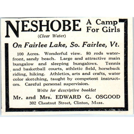 Neshobe Girl Camp Fairlee Lake Edward G. Osgood Clinton MA - 1921 Ad TJ7-S8
