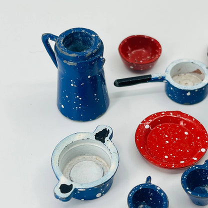 Miniature Red and Blue Graniteware Enamel Dishes Cookware 19pc Toy Dollhouse SB4