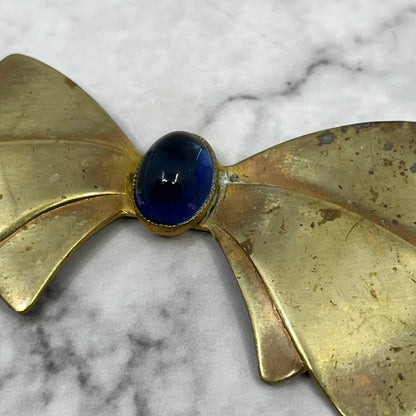 Vintage MCM Blue Glass & Brass Bow Pin Brooch 3” SE7