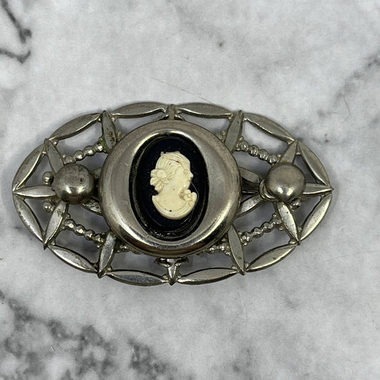 Vintage Victorian Cameo Black & Silver Tone Pin Brooch 2.5” SE7