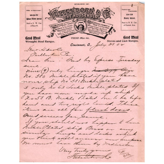 1902 Tettenborn & Co Letterhead Household Goods Cincinnati OH AC9