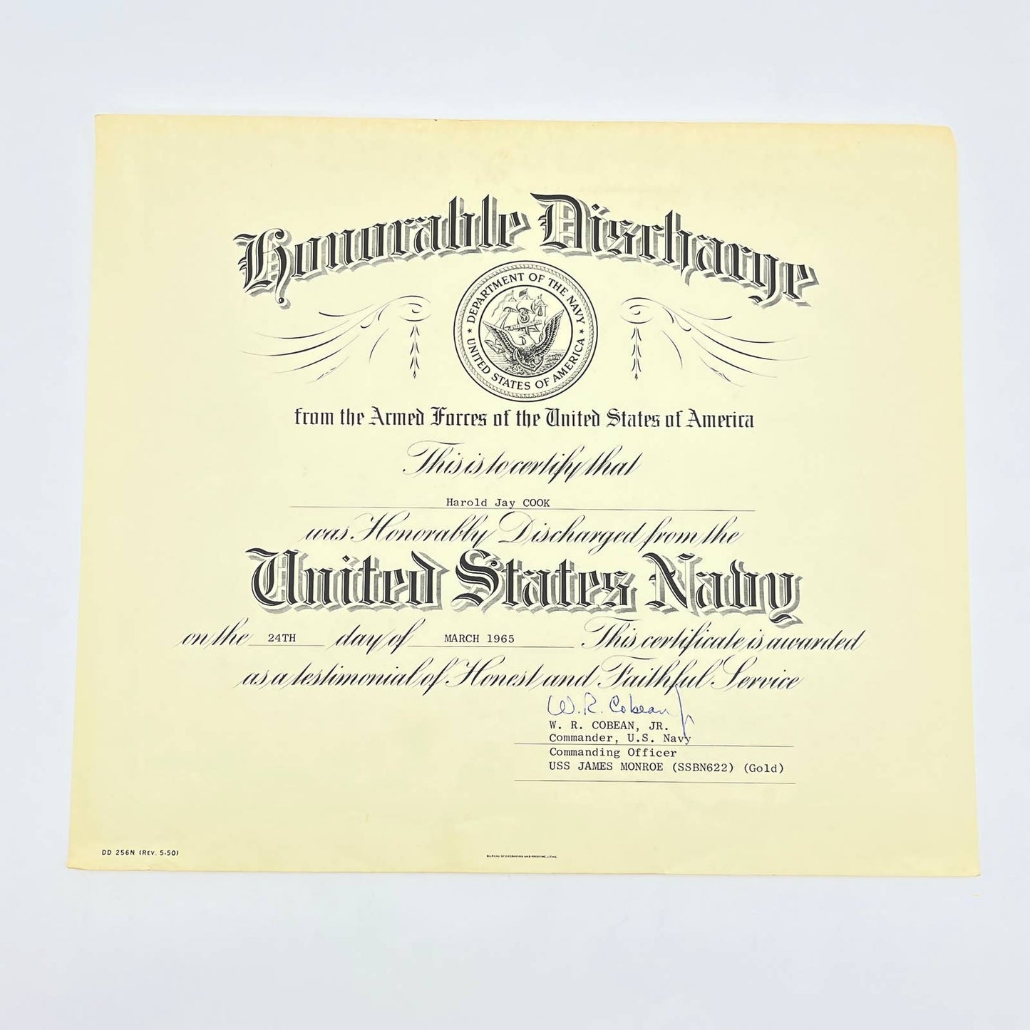 1965 Navy Honorable Discharge Certificate Harold J Cook WR Cobean USS Monroe FL3