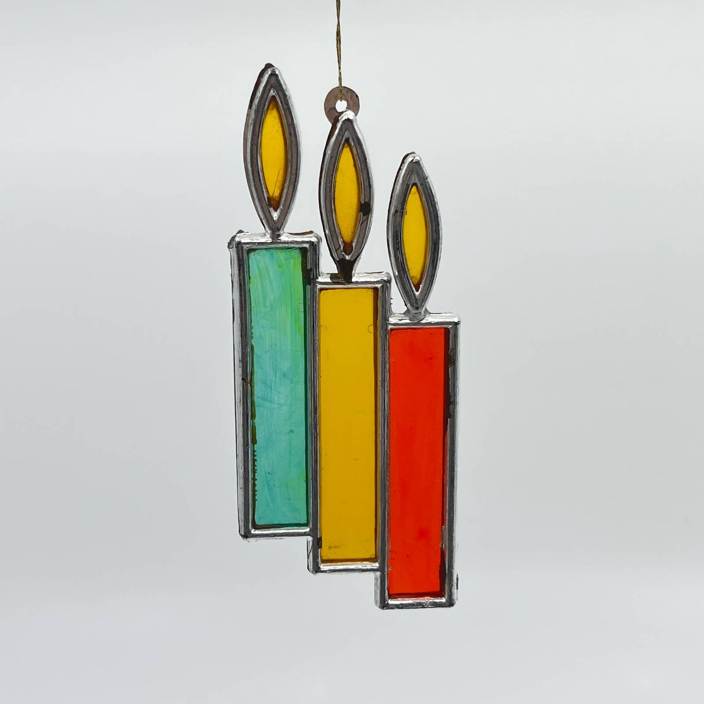 1970s Acrylic Stained Glass Style Ornament Red Orange Green Candles SC6