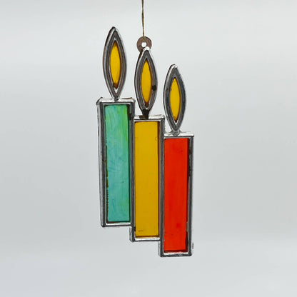 1970s Acrylic Stained Glass Style Ornament Red Orange Green Candles SC6