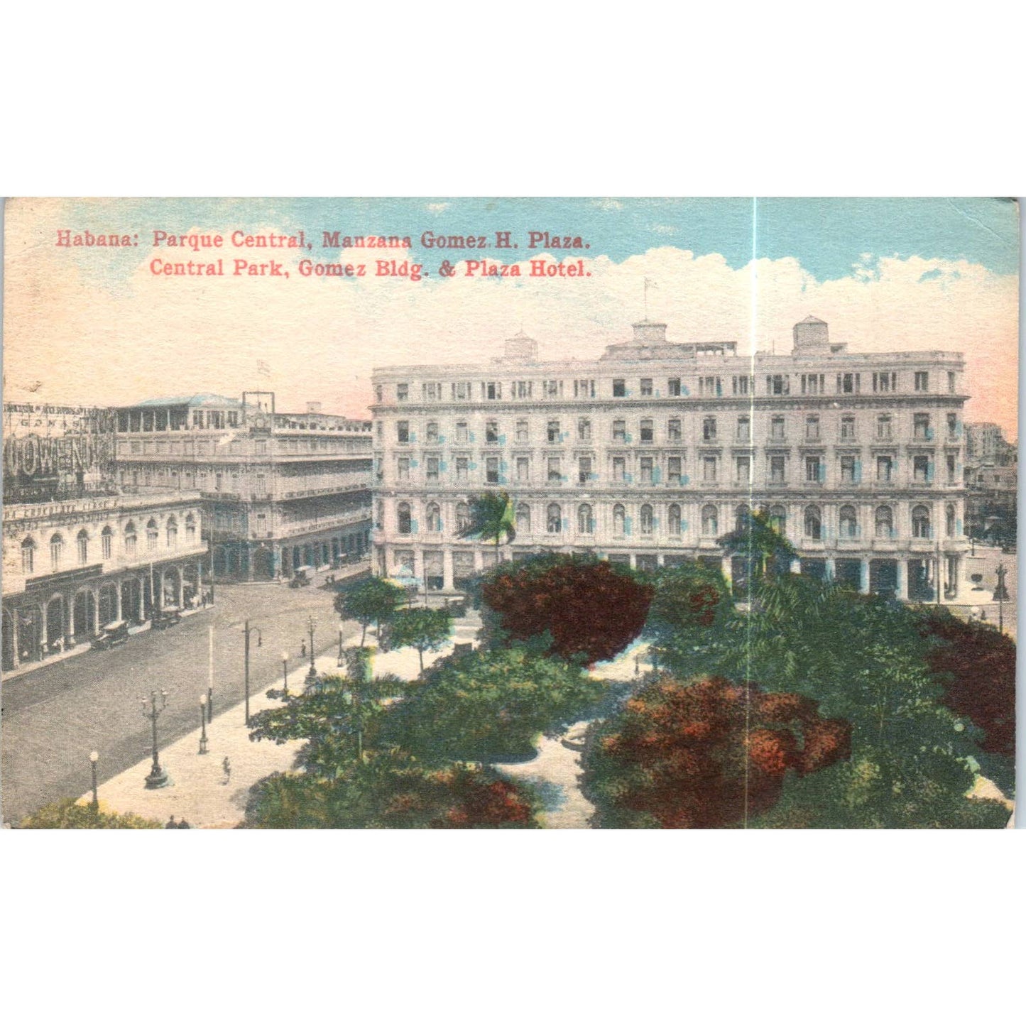 Central Park, Gomez Bldg. & Plaza Hotel Havana Cuba Original Postcard TK1-P16
