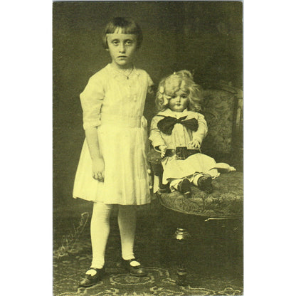 Vintage Girl With Large Bisque Baby Doll Green Tint Original Postcard PB8