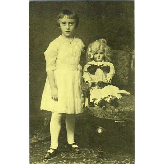 Vintage Girl With Large Bisque Baby Doll Green Tint Original Postcard PB8