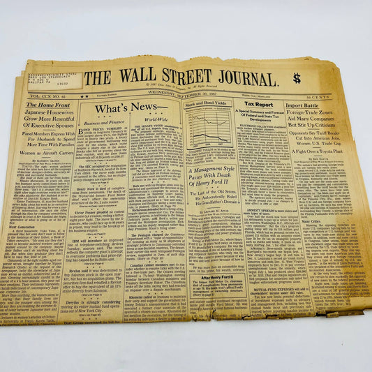 1987 Wall Street Journal September 30 - Death of Henry Ford II BA1