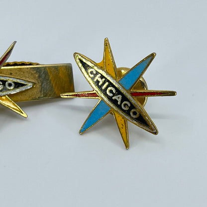 1950s MCM Atomic Starburst Chicago Tie Bar and Lapel Pin Set SD2