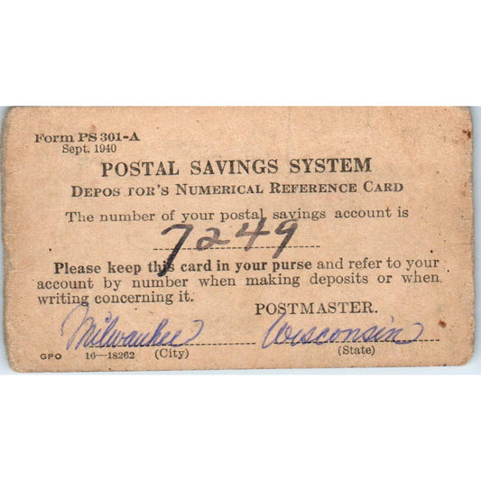 1940 Postal Savings System Numerical Reference Card Milwaukee WI SE5