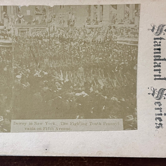 Dewey in NY Fighting 10th Pennsylvania on 5th Ave Antique Stereoview Card H2-5