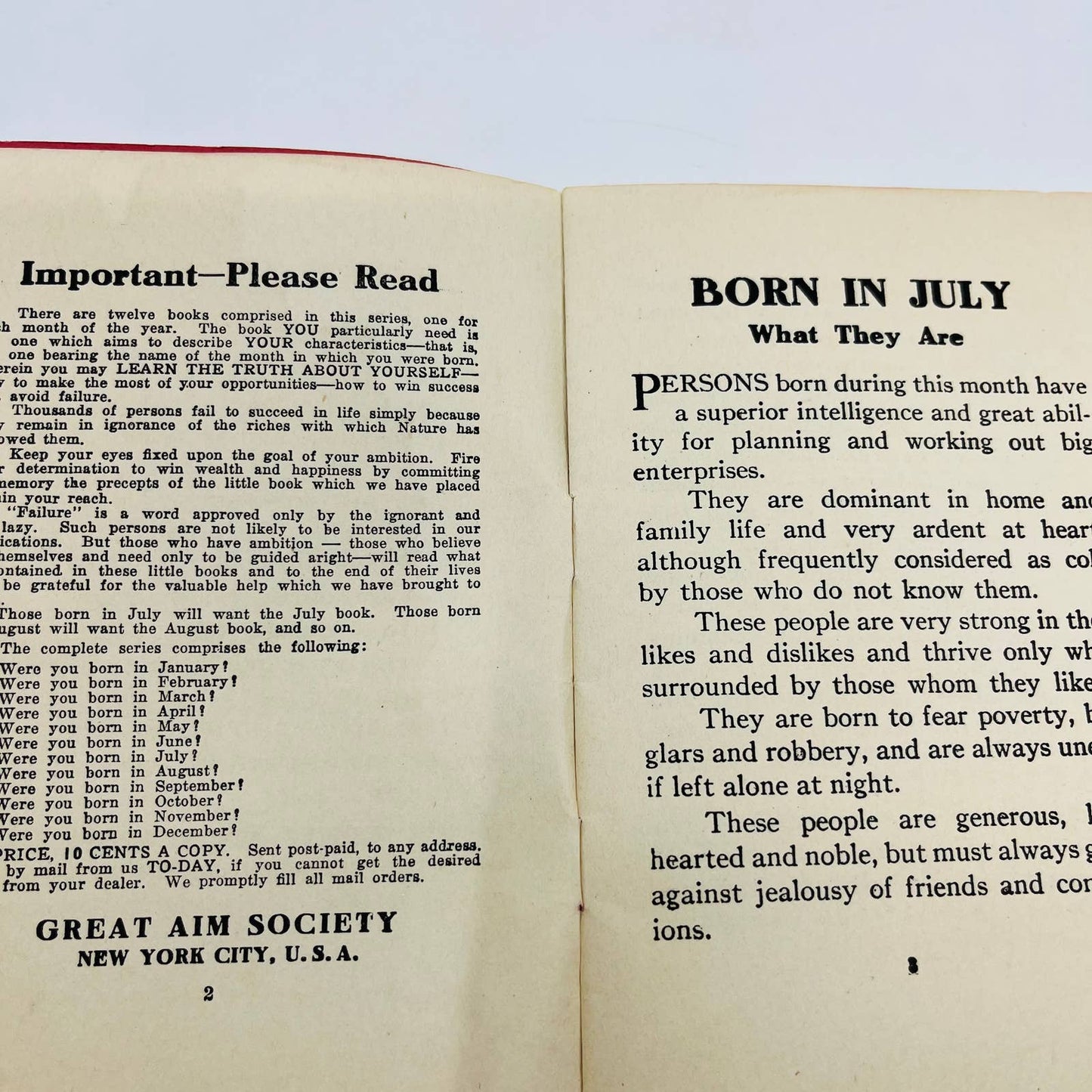 1909 Were You Born in July? Birthday Book Great Aim Society NY D4