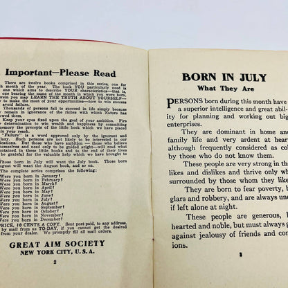 1909 Were You Born in July? Birthday Book Great Aim Society NY D4