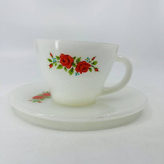 1950s MCM Fire King Cup & Saucer Set Milk Glass Red Rose Pattern TC8