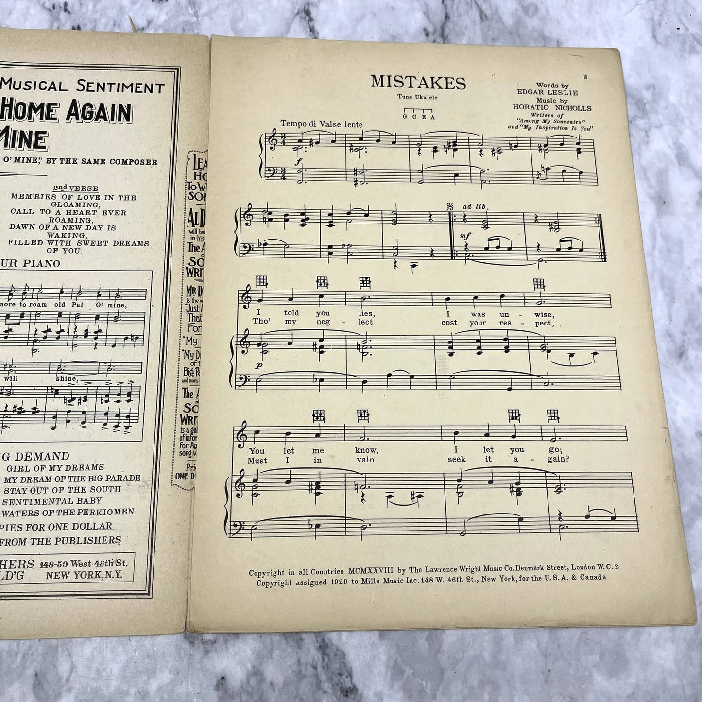 Mistakes Among My Souvenirs Horatio Nicholls 1928 Sheet Music TK2-SM