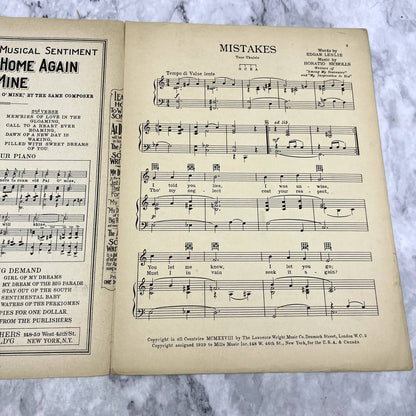 Mistakes Among My Souvenirs Horatio Nicholls 1928 Sheet Music TK2-SM