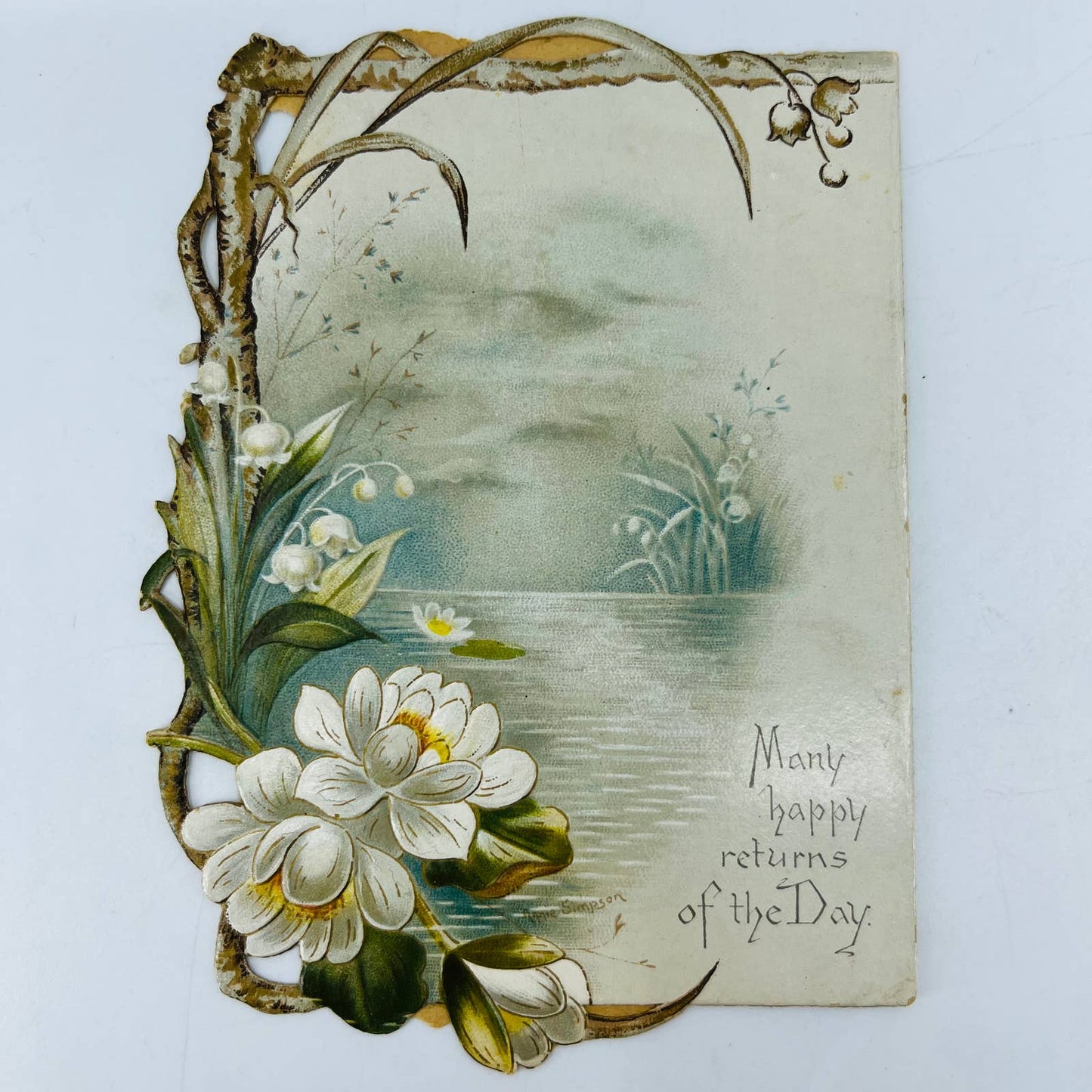 1895 Die Cut Victorian Greeting Card Floral Water Scene Lily of the Valley AA2