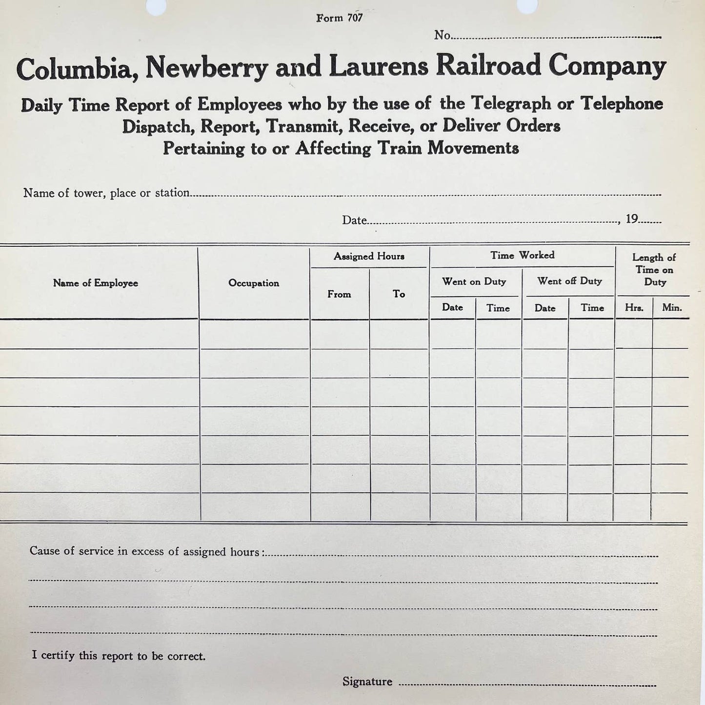 Early 1900s Columbia, Newberry & Laurens Railroad RR Co Employee Time Report AB5