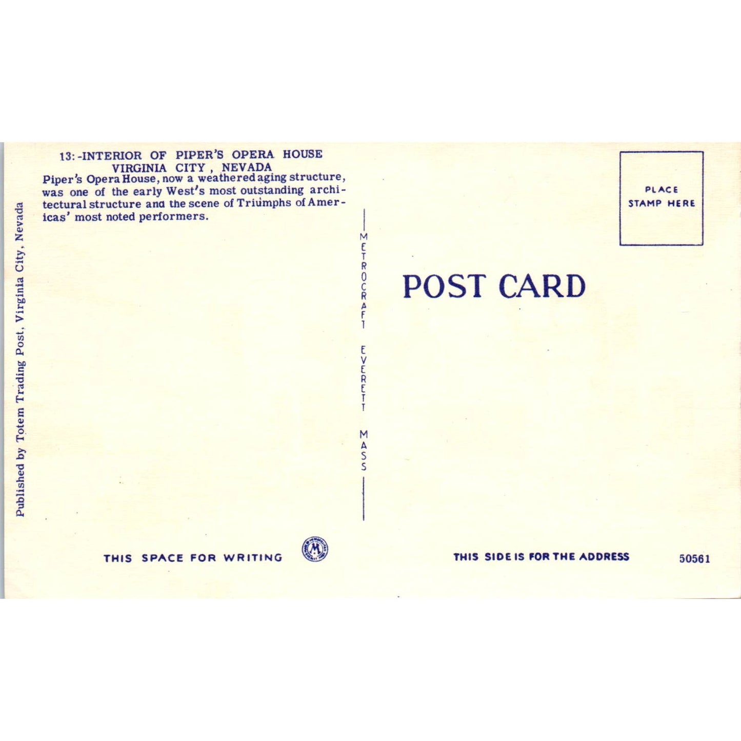 Interior of Piper's Opera House Virginia City Nevada Original Postcard TK1-25