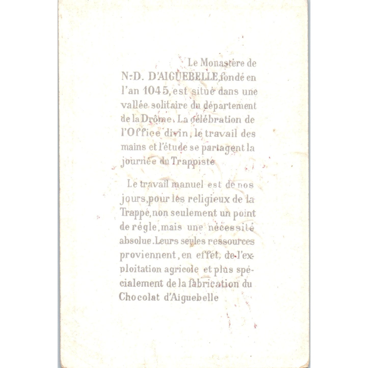 J'AIGUEBELLE CHOCOLATE SHOP Monastery of La Trappe 1880s Trade Card P2-1