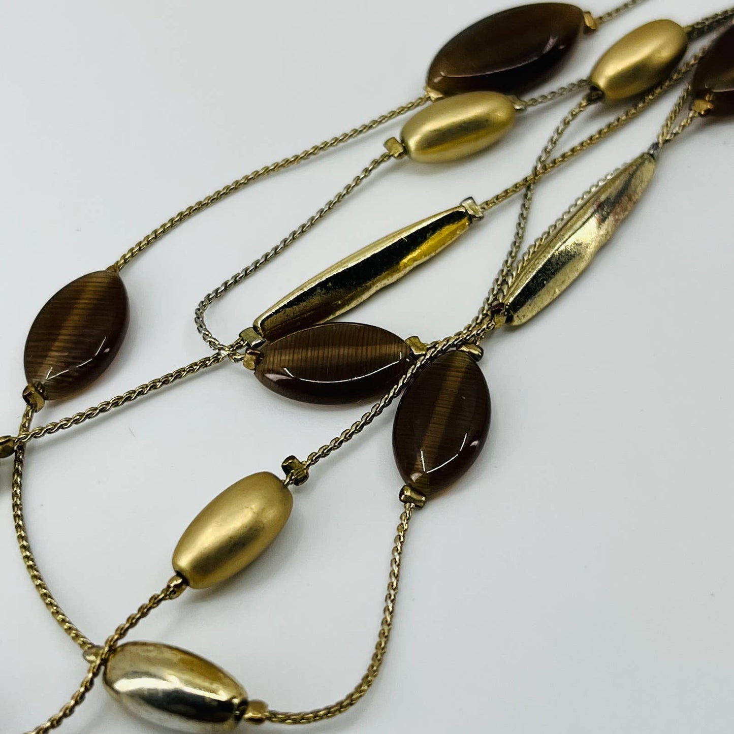 Vintage Mod Layered Necklace Gold Tone Brown Tiger Eye Beads SB2