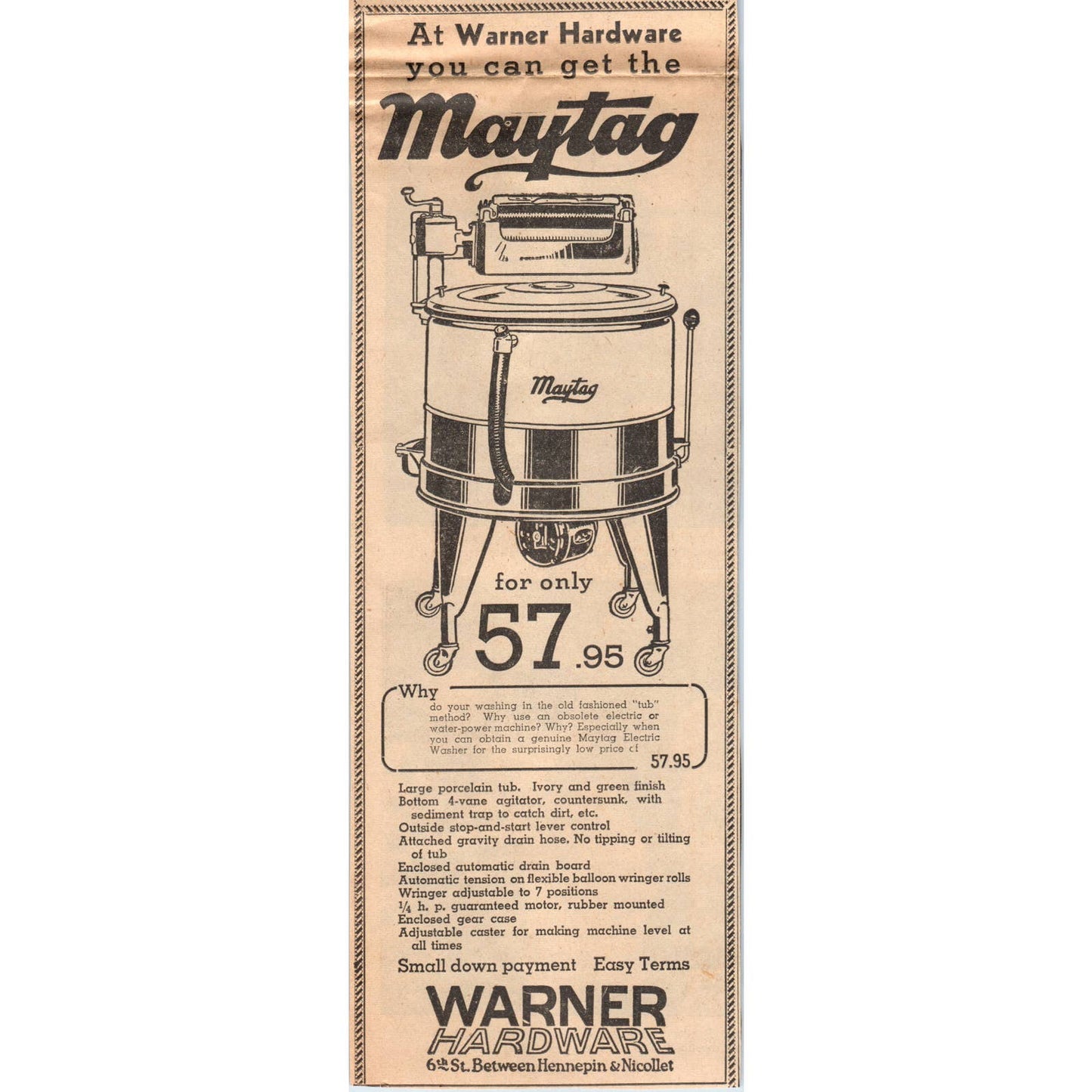 1935 Mpls Journal Newspaper Ad Warner Hardware Maytag Washing Machines FL5-3