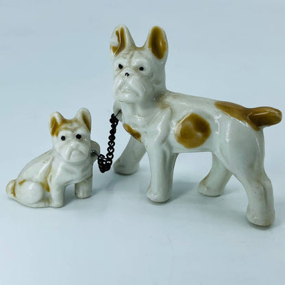 Vintage French Bulldog Dog With Puppy on Chain Hand Painted Porcelain 2.5” SA5