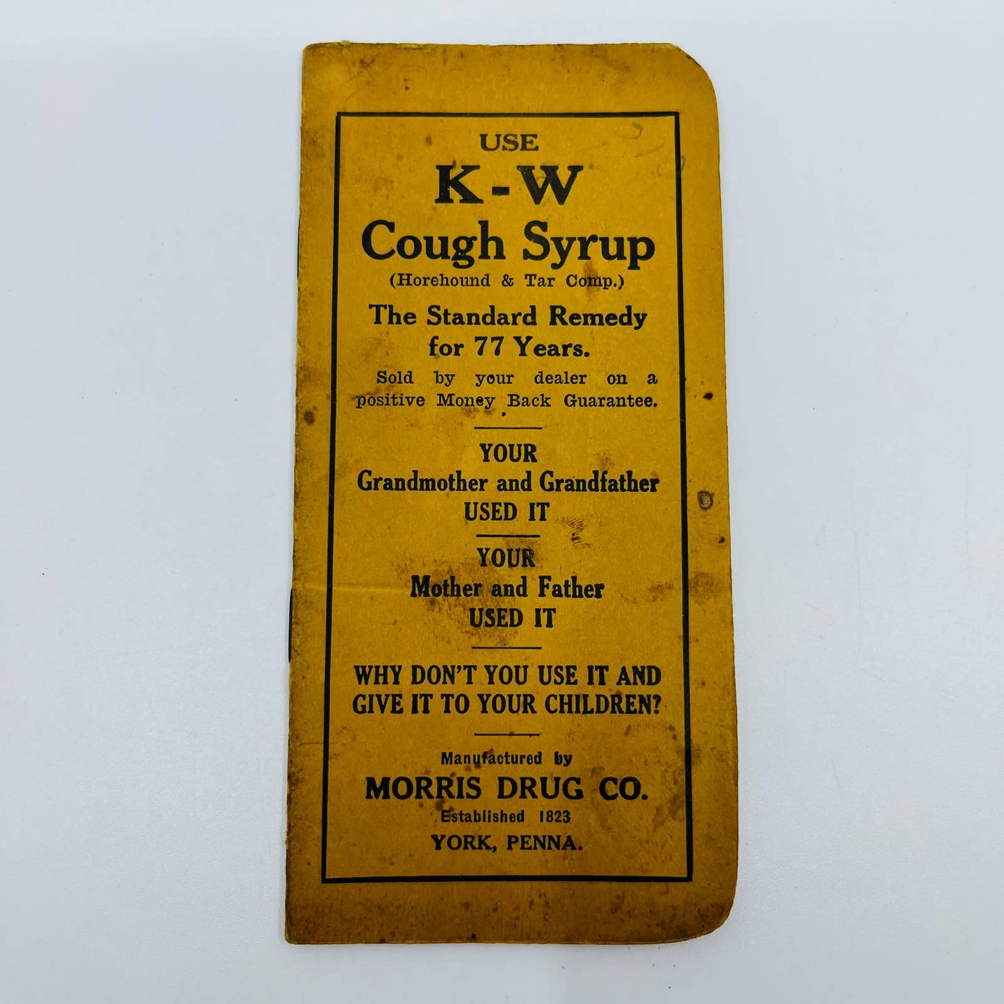 1925 K-W Cough Syrup Quack Medicine Morris Drug Pocket Notebook York, PA SC2