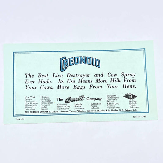 1919 Creonoid Lice Treatment Advertising Leaflet The Barrett Company AC3