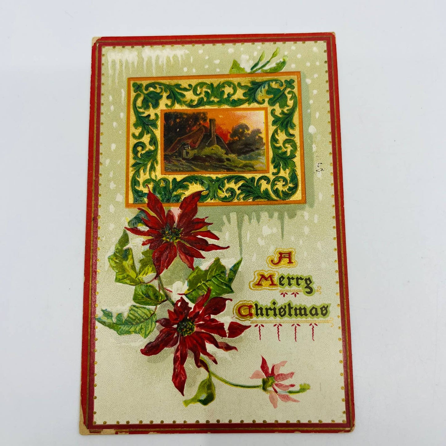 1910s Christmas Post Card Raphael Tuck Cottage Sunset Poinsettias PA4