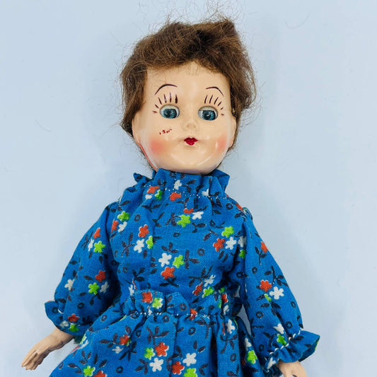 1940s Baby Doll Brown Hair Blue Eyes & Dress 7” Hard Plastic TE1