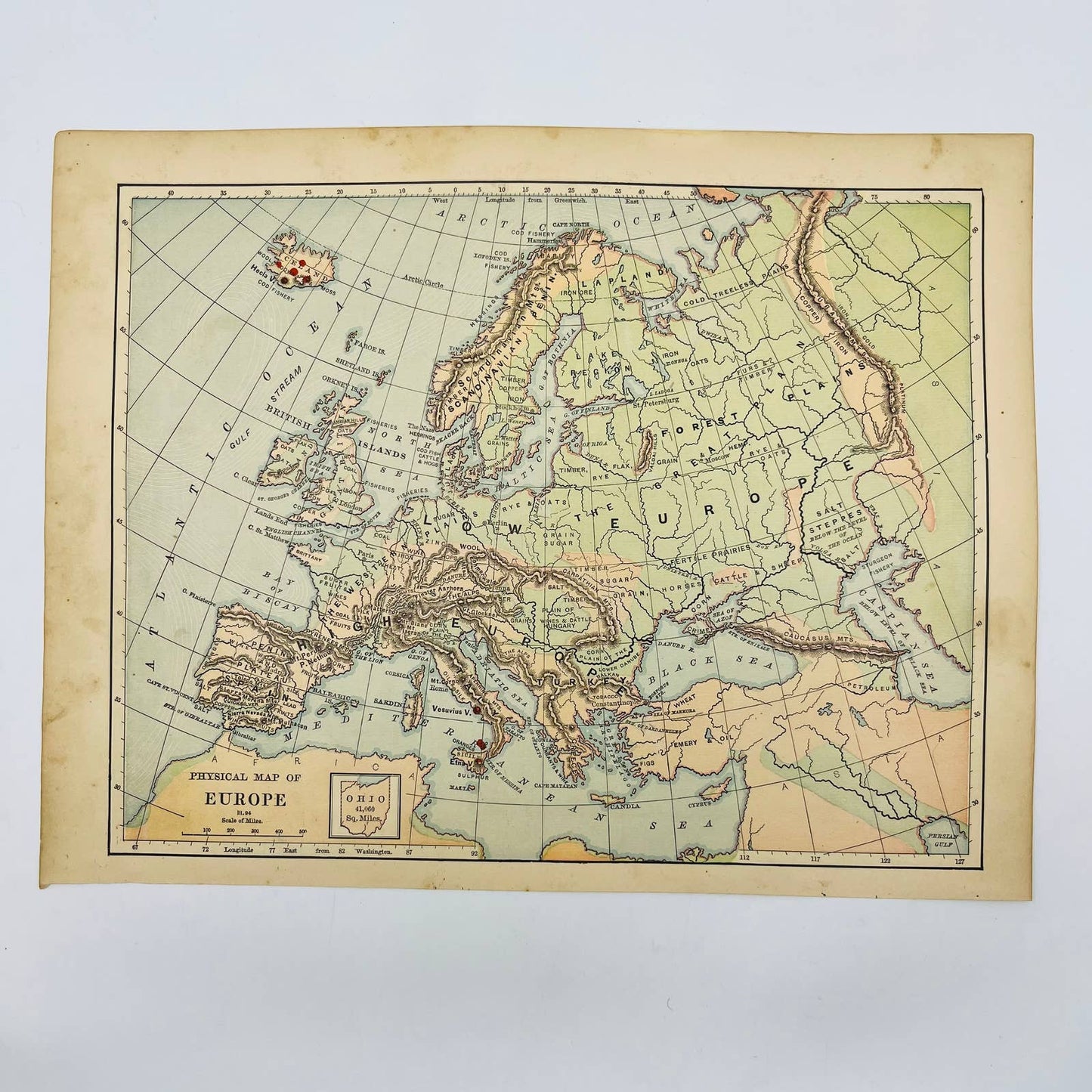 1896 Harper’s School Geography Physical Map of EUROPE Color Engraved 9x12” FL1