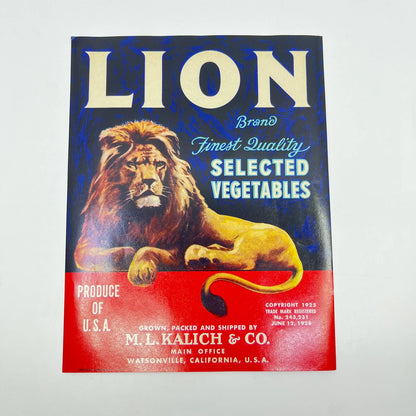 1928 Crate Label Lion Brand Selected Vegetables M.L. Kalich Watsonville, CA FL3