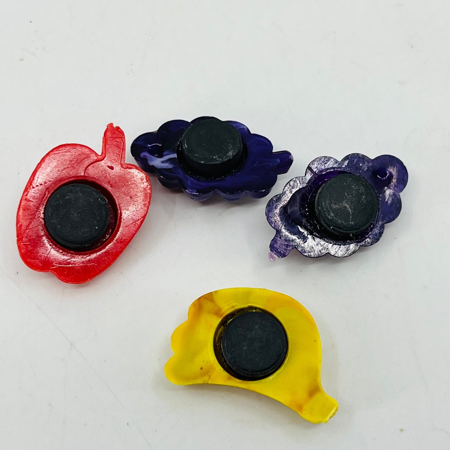 Vintage Lot of 4 Miniature Celluloid Fruit Grapes Banana Apple Magnets 1” SB2