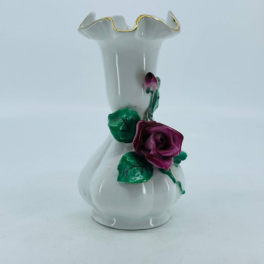 Lefton Vintage Ruffled Vase Pattern Applied Red Rose Gold Accent 6” TC7