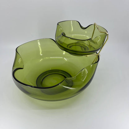 Vintage Anchor Hocking Pinched Avocado Green Glass Chip & Dip Set Bowl 9.25” TB3