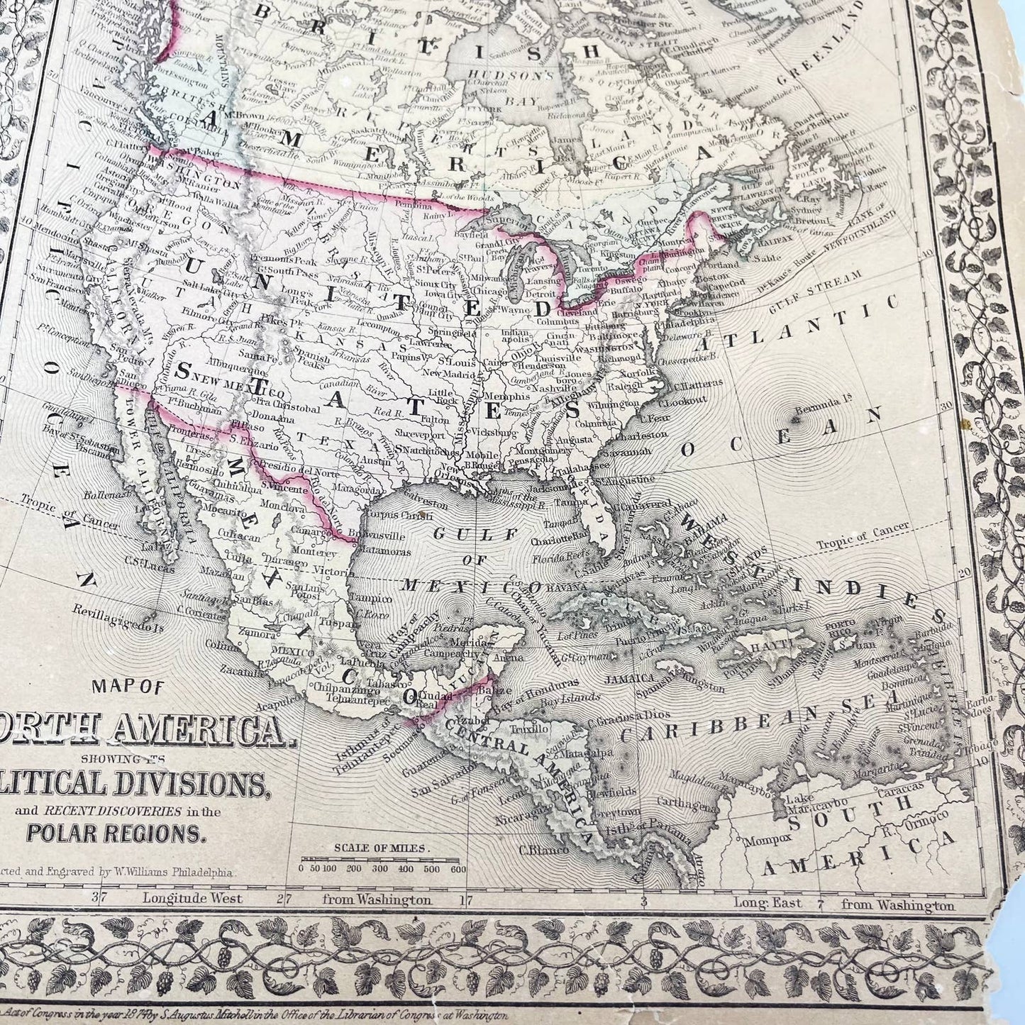 1874 Map of North America Showing Political Divisions 12x15” FL1