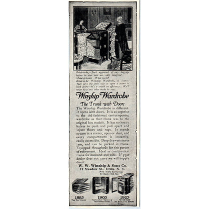 c1920 Harper's Magazine Ad Winship Wardrobe Trunk W.W Winship & Sons Utica EA3-4