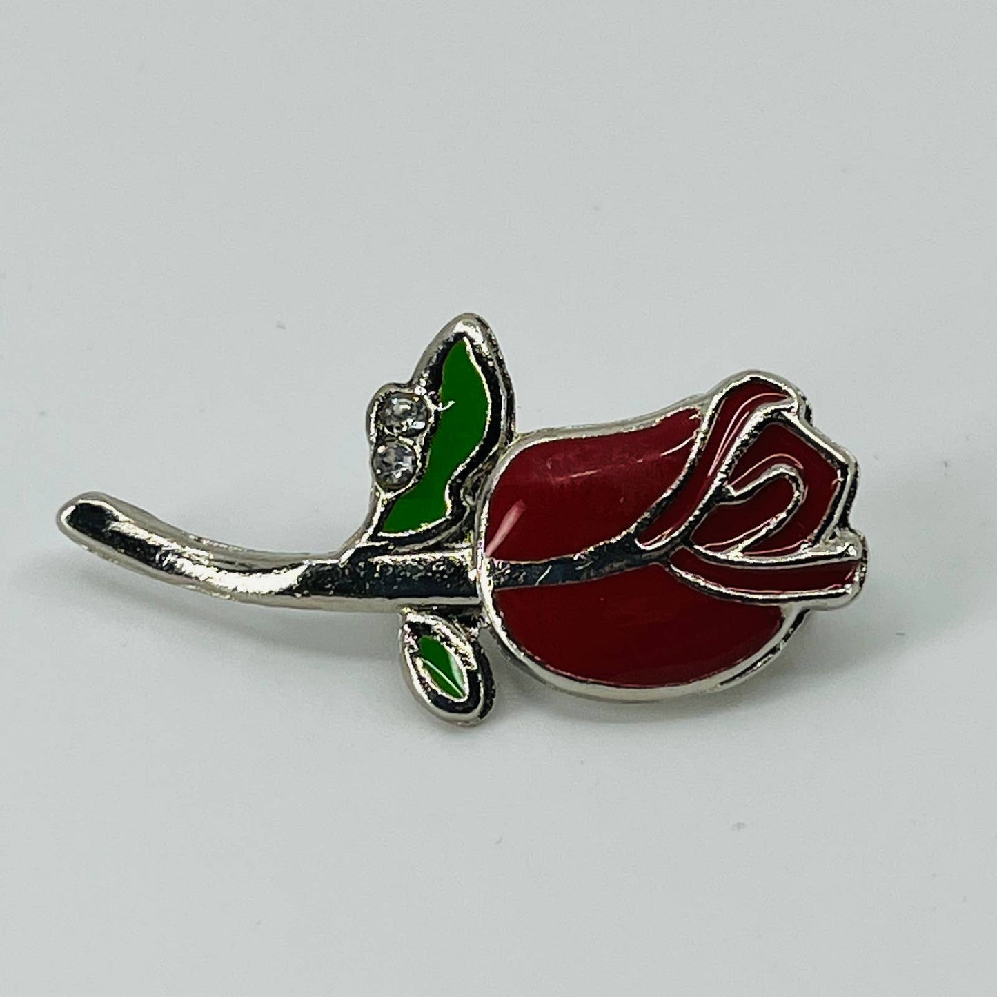 Vintage Enamel Rose Brooch Silver Tone Rhinestone SA6