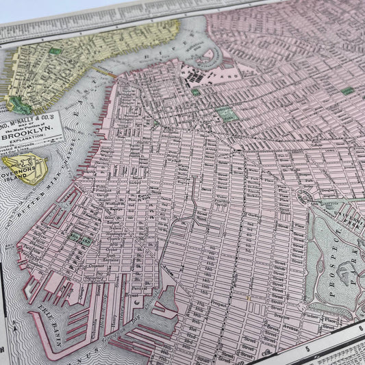 1895 Rand McNally Engraved Tinted Map of Brooklyn, NYC on Reverse Side 11x14 FL5