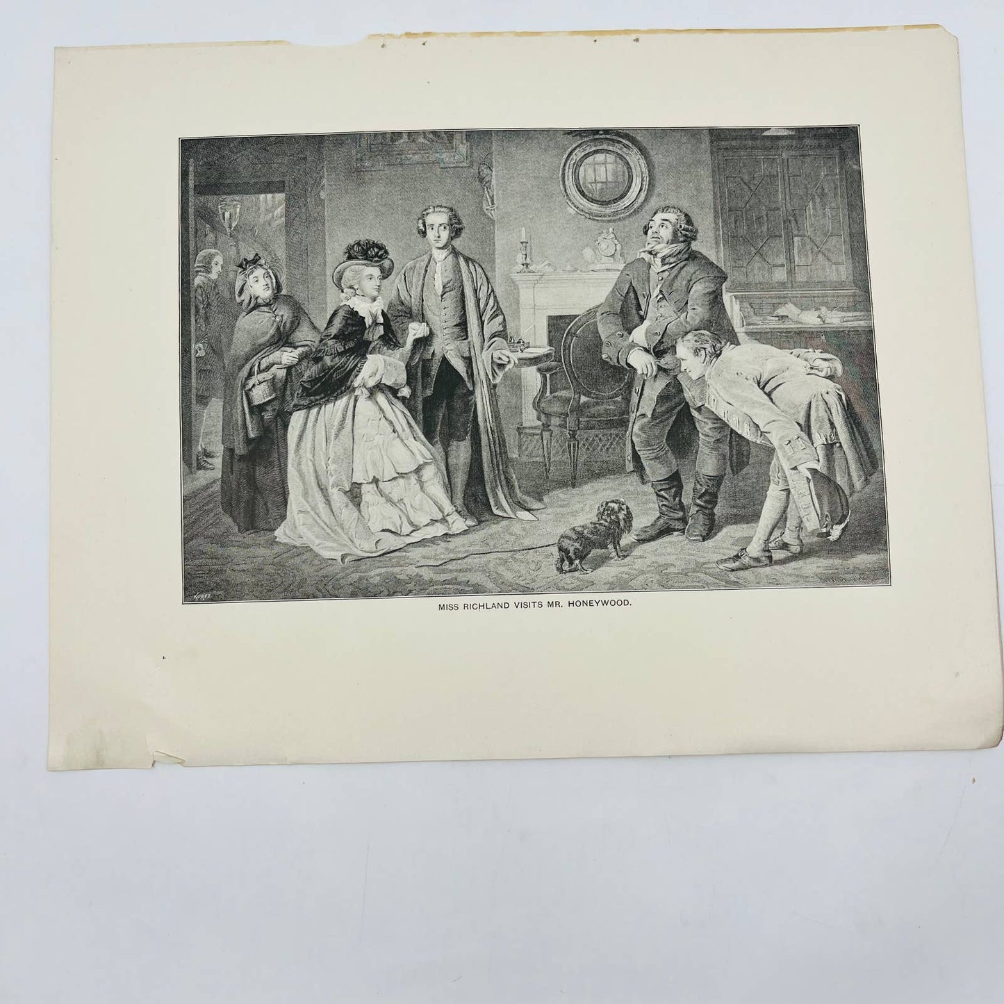 1880s Victorian Art Print Engraving Goldsmith MISS RICHLAND VISITS MR. HONEYWOOD