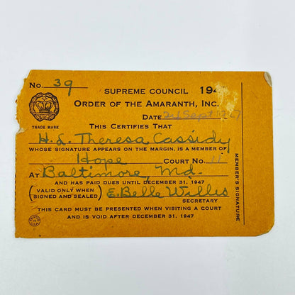 1947 Order of the Amaranth Membership Card Theresa Cassidy Baltimore MD SC7