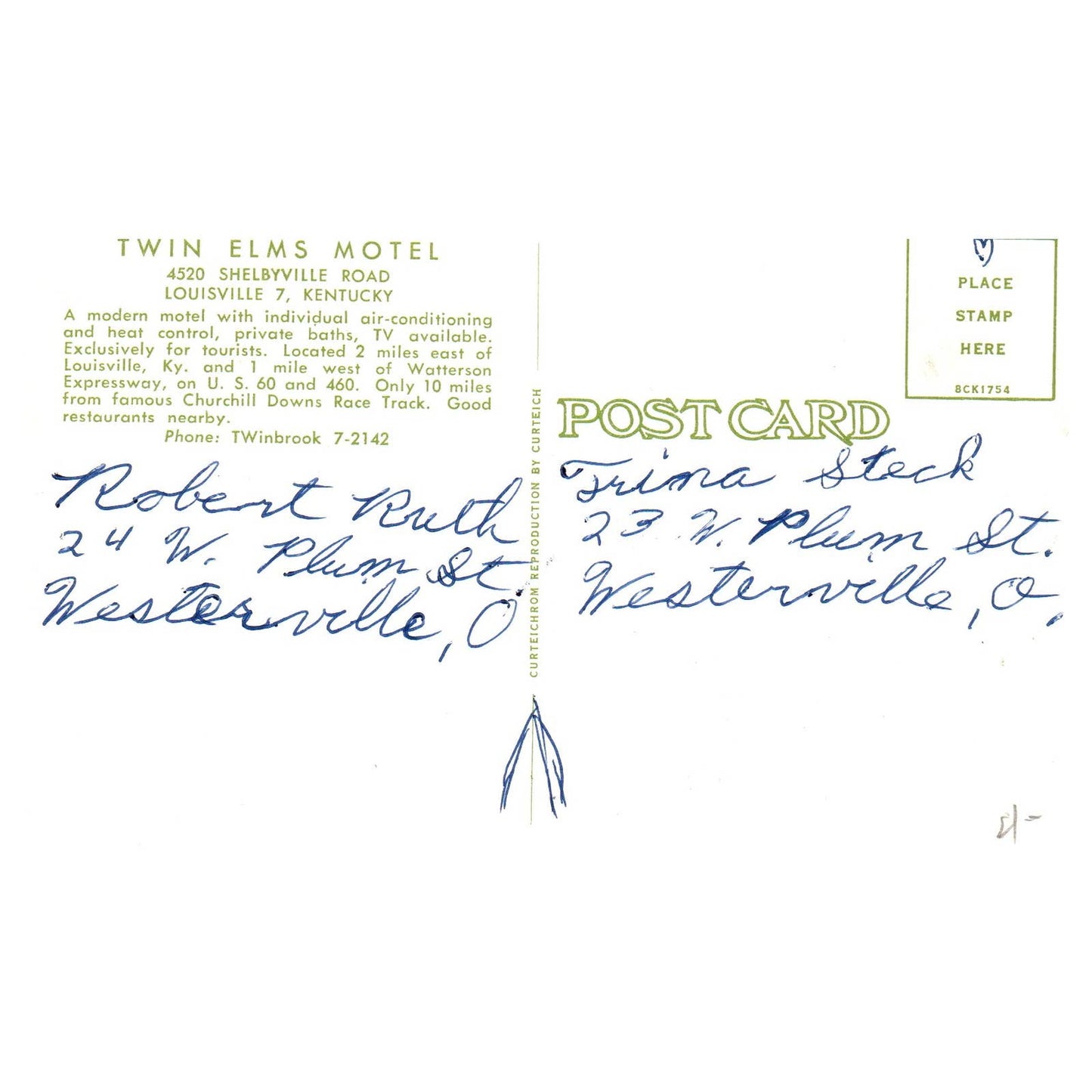 Vintage Postcard - Twin Elms Motel Louisville Kentucky AD9