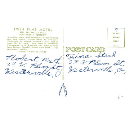 Vintage Postcard - Twin Elms Motel Louisville Kentucky AD9