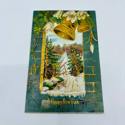 1910s Christmas New Year’s Post Card Embossed Flowers Dresden Gilt Bells PA3