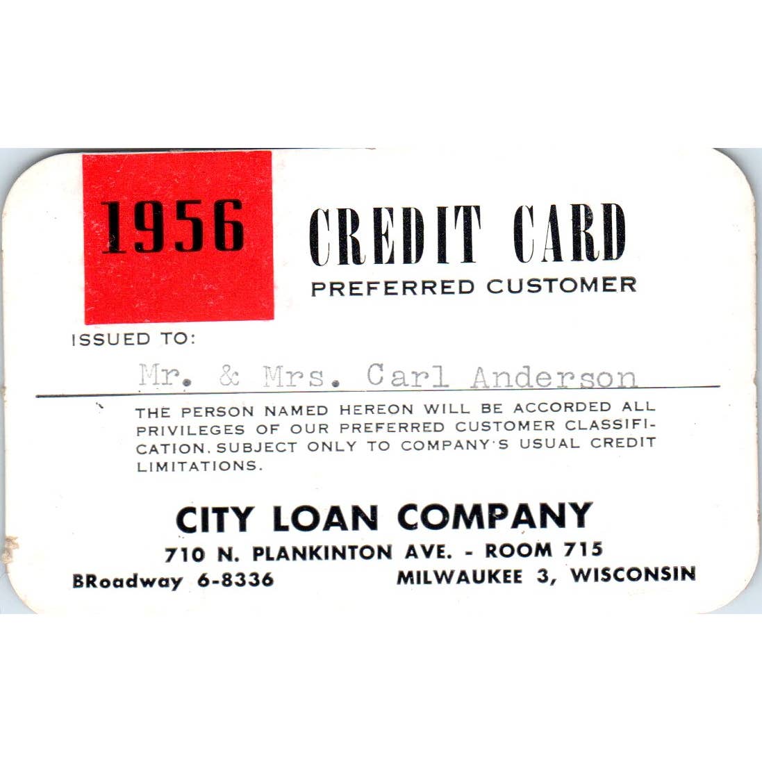 1956 City Loan Company Credit Card Milwaukee Obsolete SE5