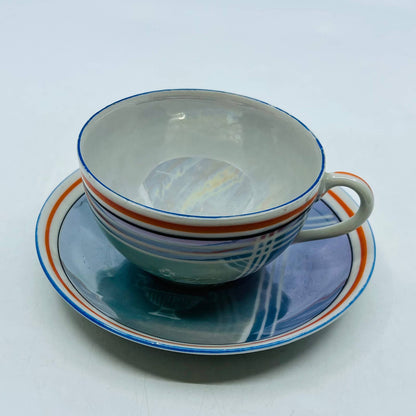 Vtg RARE Japanese Iridescent Opal Lusterware Blue Stripe Cup and Saucer Set TC5